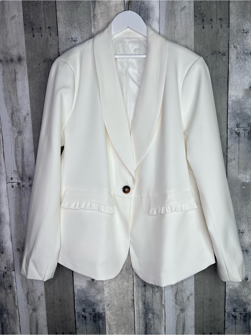 White Blazer Jacket Fully Lined Ruffle Pockets Size XL